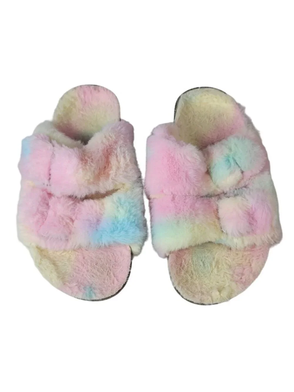 Girls Rainbow Furry Slippers Pink Size 2-3 Pastel Slip On Faux Buckle Strap